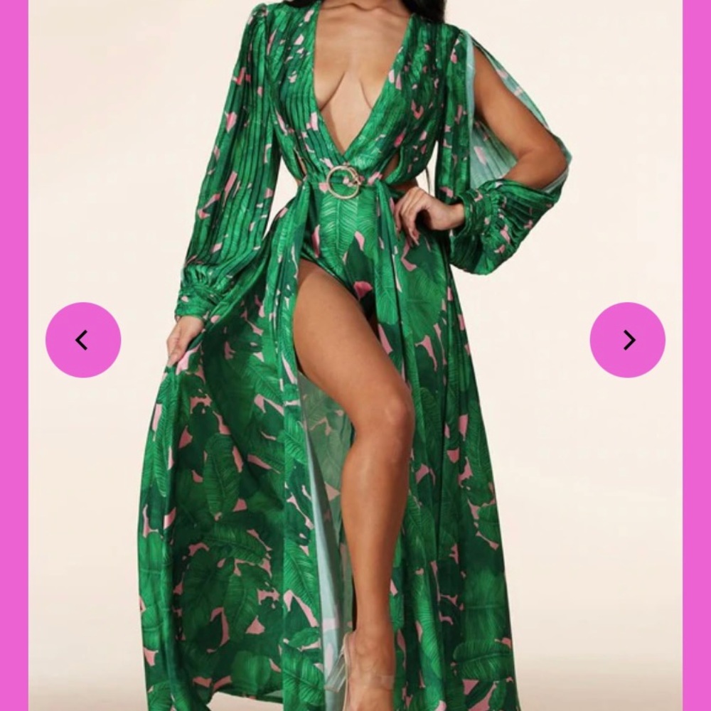 Green tropical bodysuit with maxi dress size Medium